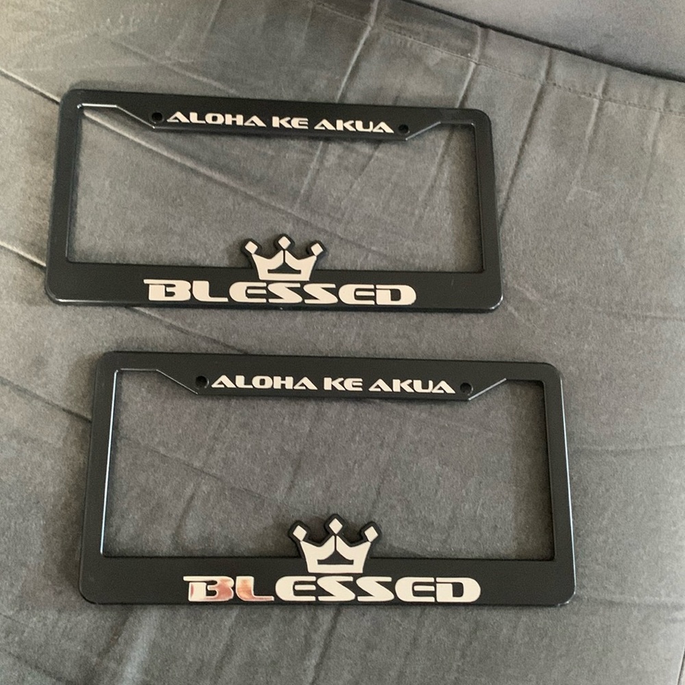 Black License Plate Frames with 'Blessed' and 'Aloha Ke Akua'